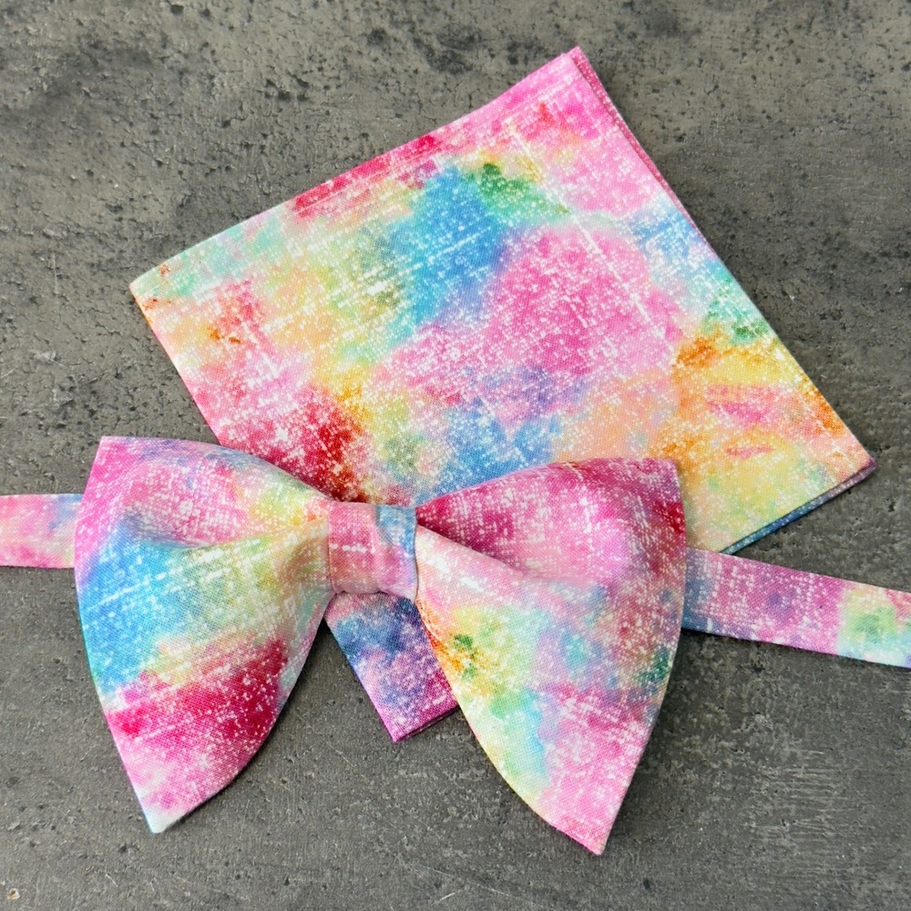 Multi-Color Abstract Splatter Bow Tie and Pocket Square Set Adjustable Pink Blue